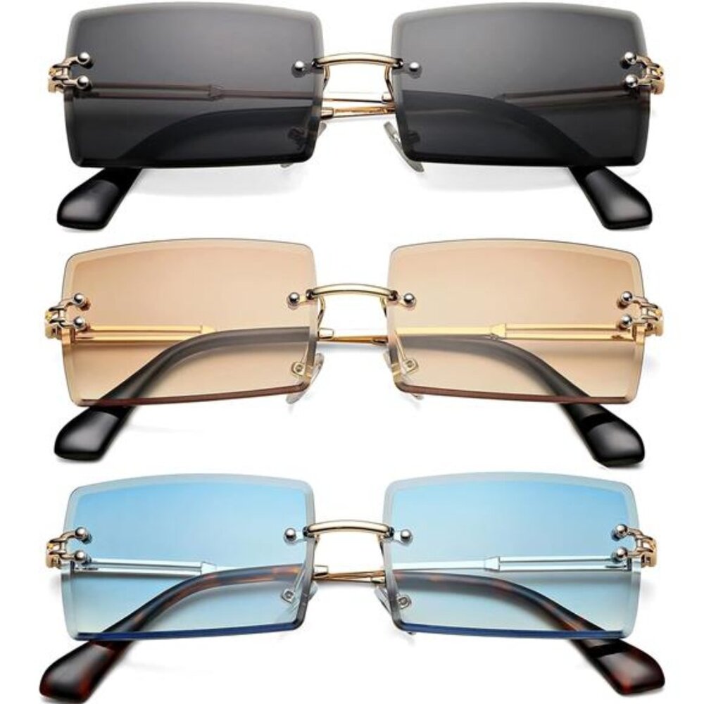 Rectangle sunglasses rimless small square metal UV400 protection men women